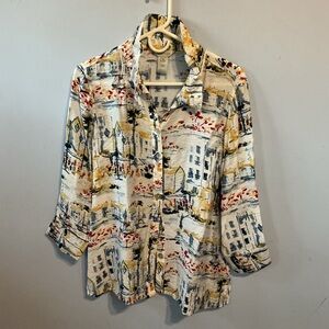 Multiples Scenic Button Down 3/4 Sleeve Shirt Medium